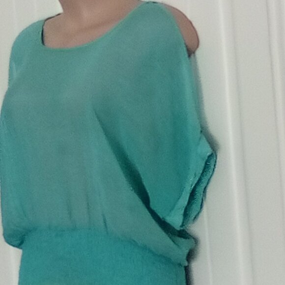 Womens Sheer Teal Cold Shoulder Blouse By Rouge Collection 3X Elastic Waistband - Picture 3 of 7